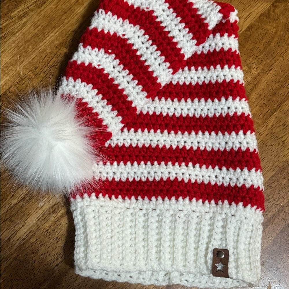 Red and White Striped Adult (OSFM) Elf Beanie with Pom Pom